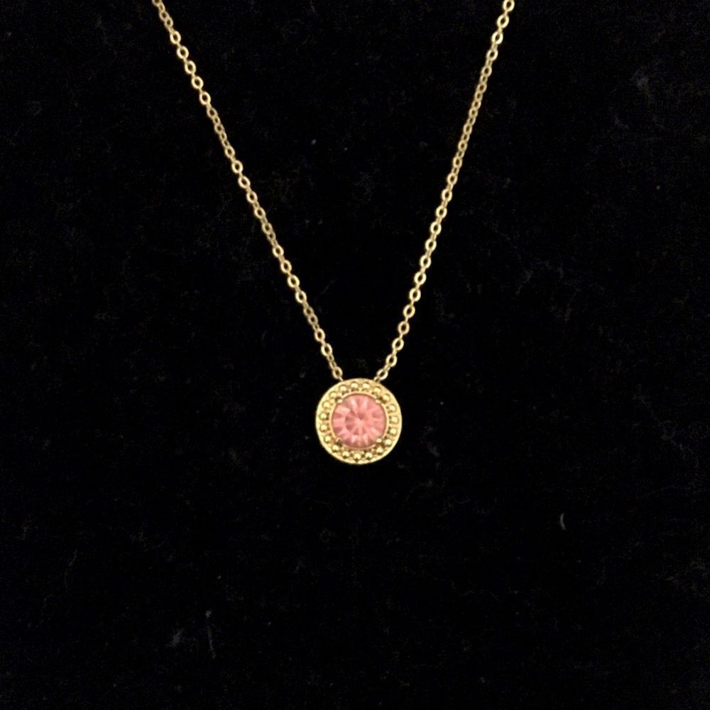 Faux Pink Sapphire Solitaire Halo Style Pendant Necklace Gold Tone OSFM